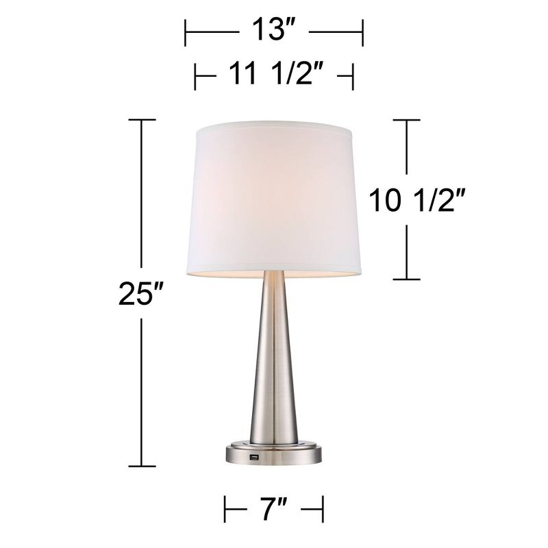 360 Lighting Karla Art Deco Style Table Lamps 25" High Set of 2 Brushed Nickel with USB Charging Port and Table Top Dimmers White Fabric Drum for Desk, 4 of 10