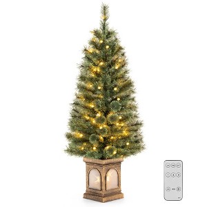 Costway 4 FT Pre-Lit Potted Christmas Tree Pine Needles 3 Dynamic Modes Remote Control - 1 of 4