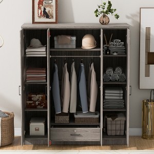 TIRAMISUBEST 4-Door Mirror Wardrobe with Storage Shelves and Hanging Rod, Bedroom Closet Armoire with 1 Drawer and Mirror Doors - 1 of 4