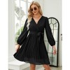 Womens Wrap V Neck Pleated Dress Tie Waist Casual Long Puff Sleeve Chiffon Wedding Guest Mini Dress - 3 of 4