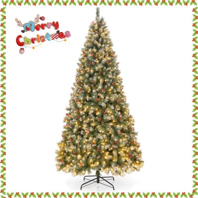 Tangkula 5ft/6.5ft/7.5ft/9ft Pre-lit Artificial Christmas Tree Pre-decorated Hinged Xmas Tree with 450/909/1368/1740 Branch Tips 200/420/560/650 LED Lights 8 Light Modes