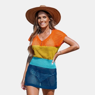 Women's Colorblock Crochet Smocked Waist Dolman Sleeve Mini Cover-Up Dress - Cupshe