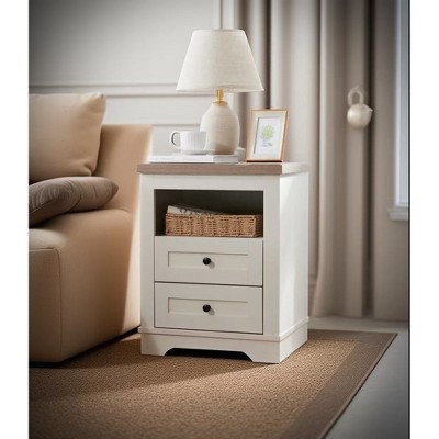 Chic Crate - Farmhouse Style Antique White Side Table with 2 Drawers Storage Cabinet, Rustic Wood Nightstand for Bedroom and Living Room