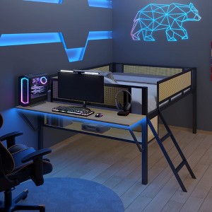DOMETOUR Single metal loft bed with desk, LED lights, storage shelves, hanging compartments, safety guard, ladder, no box spring required - 1 of 4