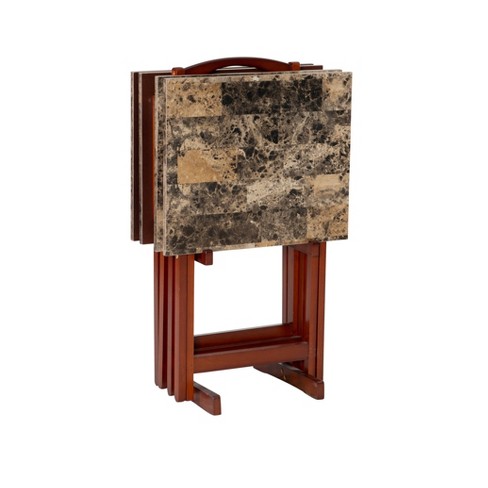 Set of 4 26.4 Talia Transitional Faux Marble Tray Table Set Brown - Linon