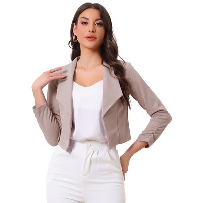 INSPIRE CHIC Women's Regular Fit Notched Lapel Ruched Sleeve Business Crop Blazer
