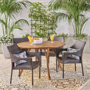 Laurent 5pc Outdoor Dining Set - Acacia Wood & Wicker, Teak/Brown, Stackable Chairs, Weather Resistant - Christopher Knight Home: Iron Frame - 1 of 4