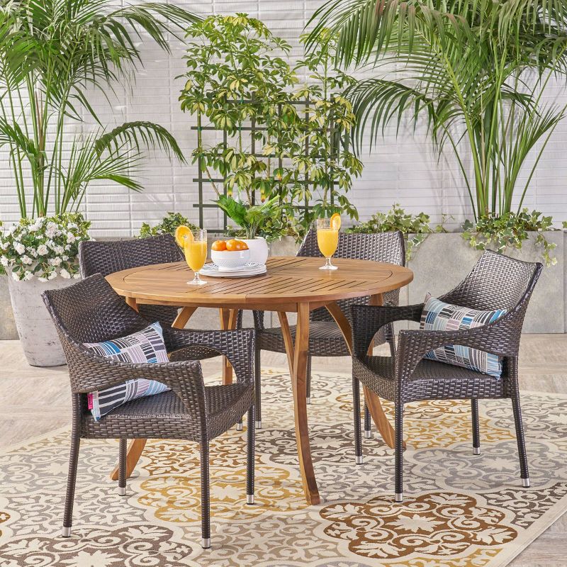 Laurent 5pc Outdoor Dining Set - Acacia Wood & Wicker, Teak/Brown, Stackable Chairs, Weather Resistant - Christopher Knight Home, 1 of 9
