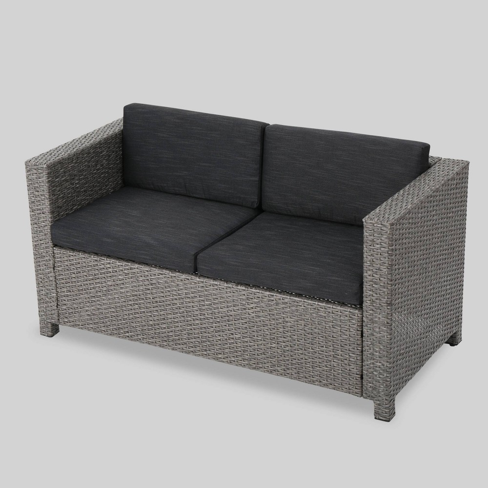 Photos - Sofa Puerta Wicker Loveseat Gray/Black - Christopher Knight Home: Weather-Resistant Patio Furniture