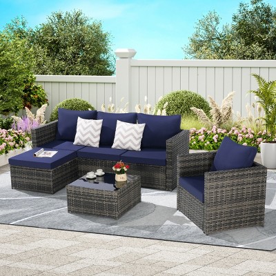 Outdoor Sofa Set, 6 Pcs Furniture Set, Wicker Sofa With Cushions,  L- Shaped Sofa, Detachable Lounger and Coffee Table -Coolbibila
