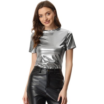 INSPIRE CHIC Women's Clubwear Short Sleeve Shiny Metallic Blouse