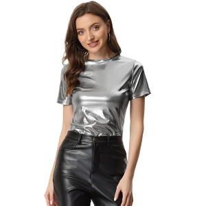 INSPIRE CHIC Women's Clubwear Short Sleeve Shiny Metallic Blouse - 1 of 4