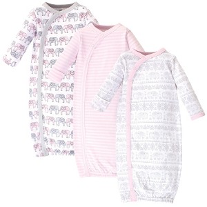 Touched by Nature Baby Girl Organic Cotton Side-Closure Snap Long-Sleeve Gowns 3pk, Pink Gray Elephant - 1 of 4