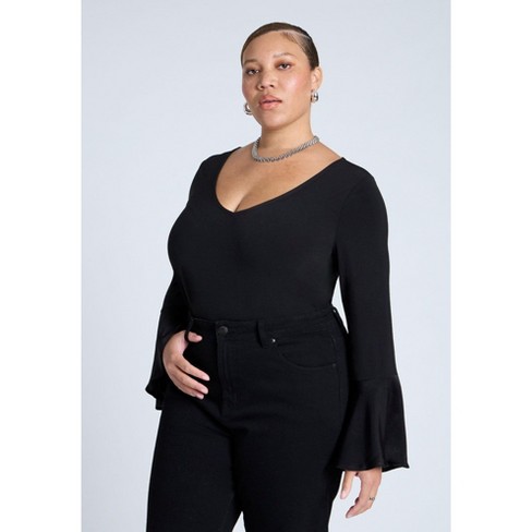 Eloquii Women s Plus Size Ruffle Sleeve V neck Top 22 24 Black Onyx Target