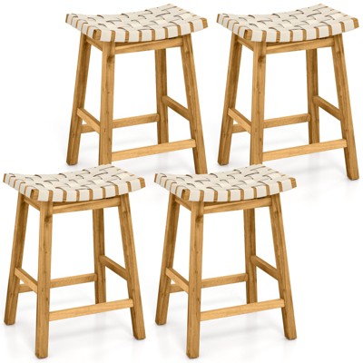 Tangkula 4 PCS 25.5" Woven Bar Stools Faux PU Leather Counter Height Saddle Stools with Woven Curved Seat Max Load 330 Lbs Wood Barstools