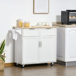 SKRAN 41" Modern Rolling Kitchen Island on Wheels, Utility Cart Storage Trolley with Rubberwood Top & Drawers, White - 1 of 4