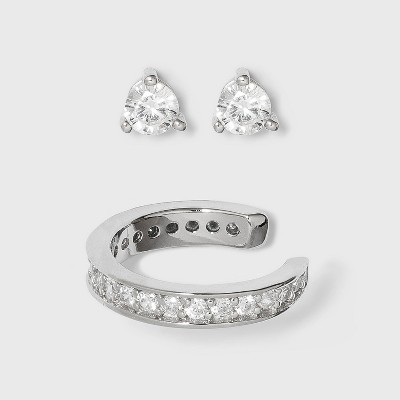 Sterling Silver Round Cubic Zirconia Stud and Ear Cuff Set - A New Day™ Silver