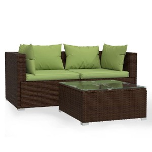vidaXL 3-Piece Outdoor Patio Lounge Set - Brown Poly Rattan Furniture with Green Cushions and Glass Top Coffee Table for Garden, Yard, Poolside - 1 of 4