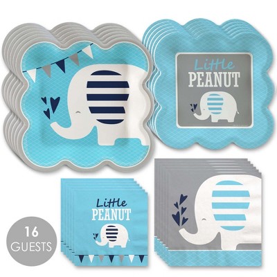 Big Dot of Happiness Blue Elephant - Boy Baby Shower or Birthday Party Tableware Plates and Napkins - Bundle for 16