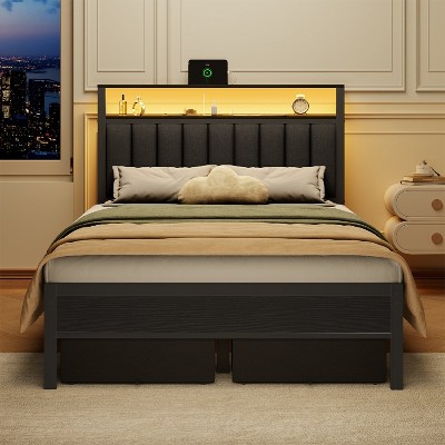 Furnulem Bed Frame with Charging Station and LED Lights, Grey Upholstered Headboard, 2 Under-Bed Storage,No Box Spring Needed, Easy Assembly