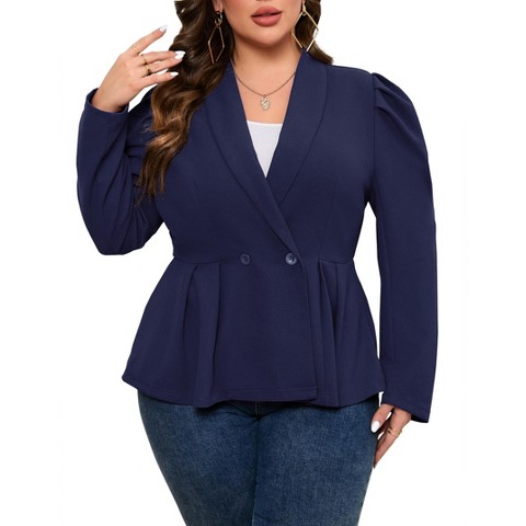 Женские куртки YesFashion Plus Size Women's Peplum Blazer Jacket, Double Breasted Puff Shoulder Lapel Suit Coat, Curvy Fit Office Casual Outerwear Navy Blue 2X