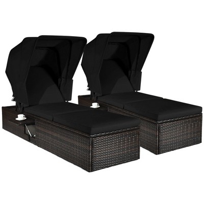 Tangkula Set of 2 Rattan Patio Chaise Lounge Chair W/ Adjustable Canopy Black Cushion