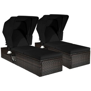 Tangkula Set of 2 Rattan Patio Chaise Lounge Chair W/ Adjustable Canopy Black Cushion - 1 of 4