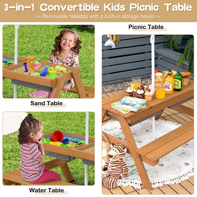 Costway 3-in-1 Kids Picnic Table Wooden Outdoor Sand & Water Table with Umbrella Play Boxes Natural/Blue/Green, 5 of 11