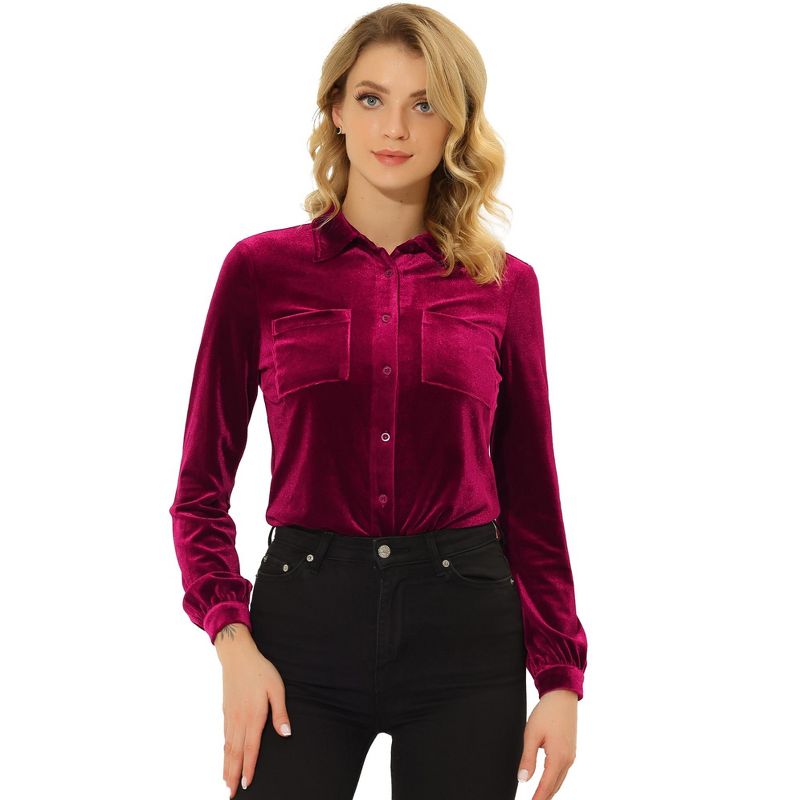 Allegra K Women's Pocket Front Velvet Blouse Long Sleeve Casual Button Down Shirt, 1 of 6