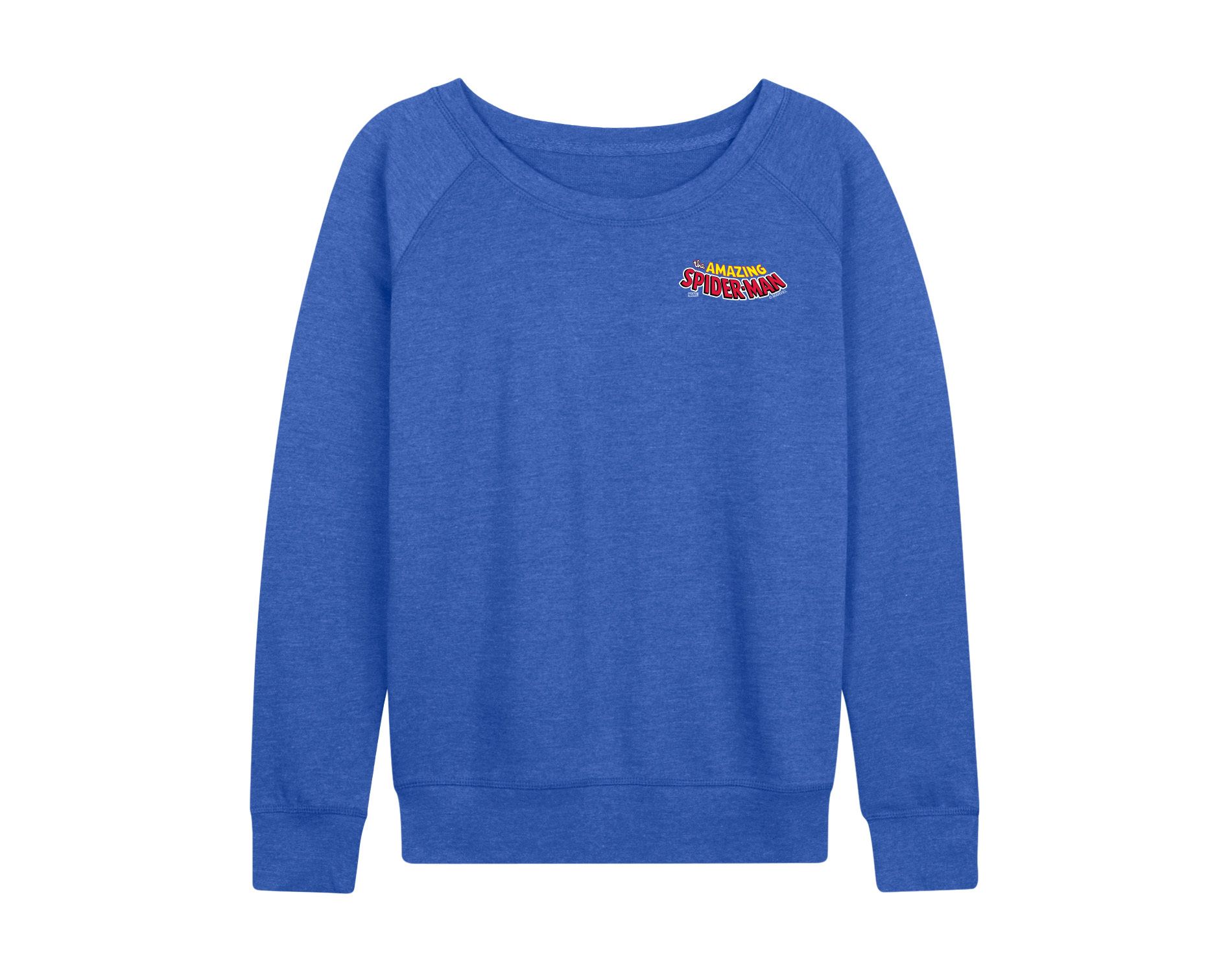 Women's Marvel Spiderman Editorial Logo Lightweight French Terry Wide Neck Long Sleeve Graphic Shirt - Heather Royal Blue - Large