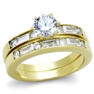 Slickblue IP Gold Plated Wedding Ring Set for Women – Round CZ & Baguette Accent Stones – Stainless Steel – 5–10 - 1 of 4