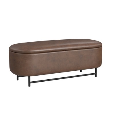 Brown Faux Leather Ellipse Storage Bench with Metal Legs