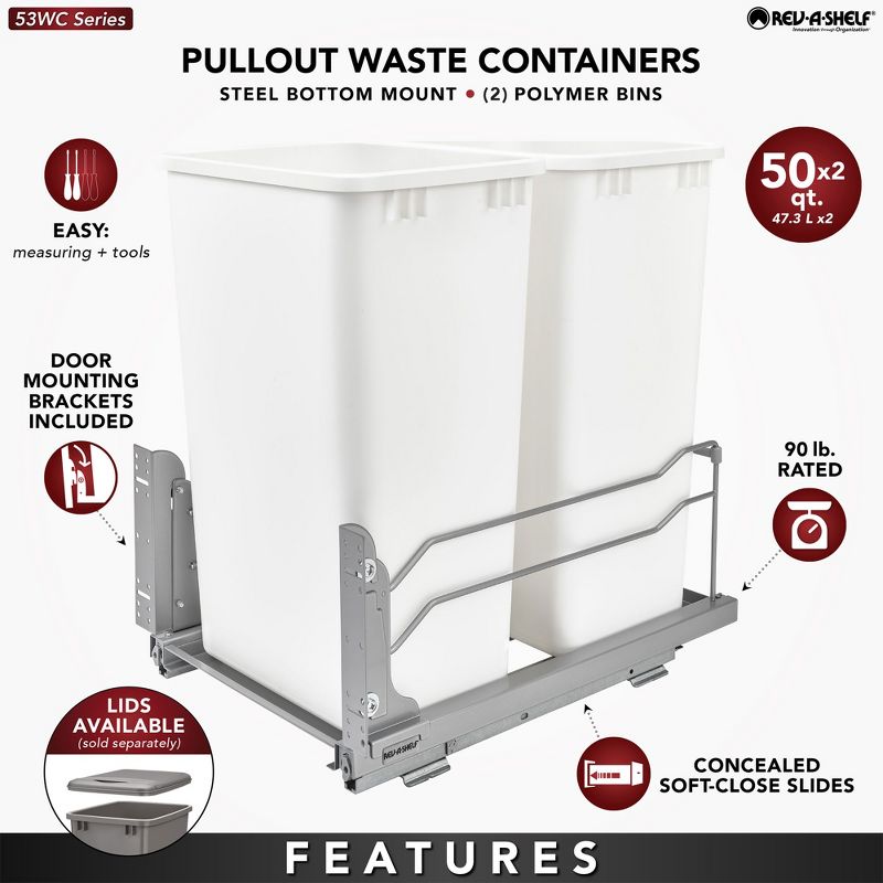 Rev-A-Shelf Double Pull-Out Trash Can for Full Height Kitchen Cabinets 50 Quart 12.5 Gallon with Soft-Close Slides, 53WC-2150SCDM-217, 3 of 7