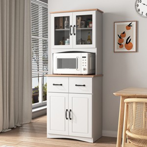 Kitchen Pantry Cabinet with Glass Doors and Drawers, Freestanding Microwave Hutch with Adjustable Shelves for Dining Room-3irtyhousy - 1 of 4