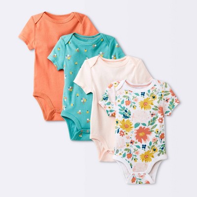Baby Girls' 4pk Short Sleeve Bodysuit - Cloud Island™ Floral 3-6M