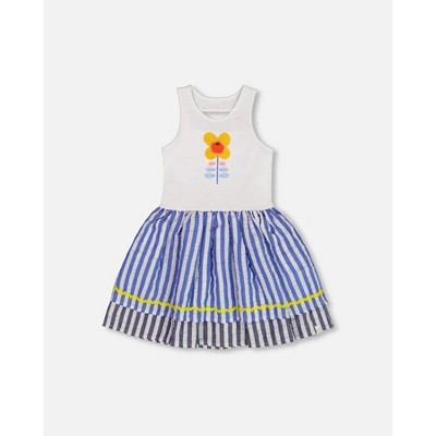 Deux par Deux Girl Bi-Material Cotton and Seersucker Dress White and Royal Blue