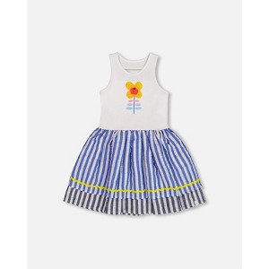 Deux par Deux Girl Bi-Material Cotton and Seersucker Dress White and Royal Blue - 1 of 4