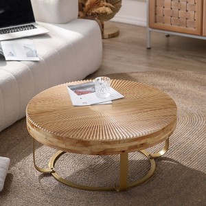 VYNXARIA Modern Round Coffee Table - Carved Pine Top with Golden Metal Legs - 1 of 4