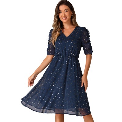 Allegra K Women's Metallic Stars Ruched Sleeve Elastic Waist V Neck A-line Dress