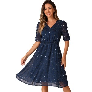 Allegra K Women's Metallic Stars Ruched Sleeve Elastic Waist V Neck A-line Dress - 1 of 4