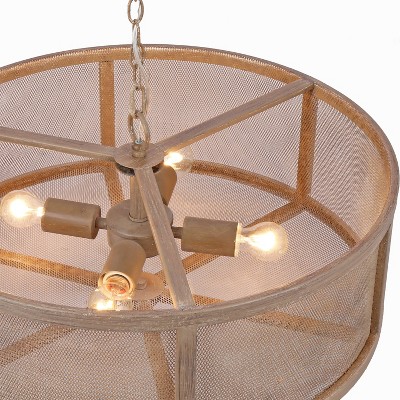 Rustic Farmhouse Woodgrain Metal Drum Chandelier with Mesh Sides