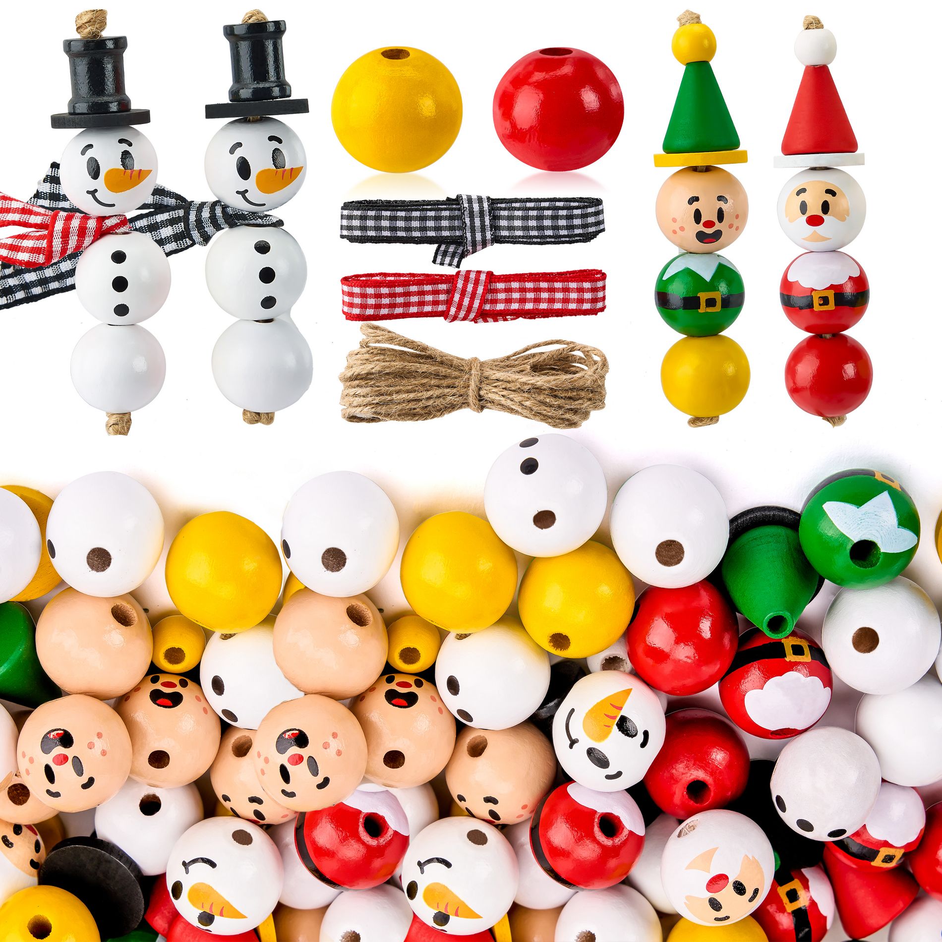 Joyfy 202/173-Piece Christmas Wooden Bead Craft Kit - Make Hanging Ornaments (Snowman, Santa, Elf) for DIY Holiday Decor & Activities