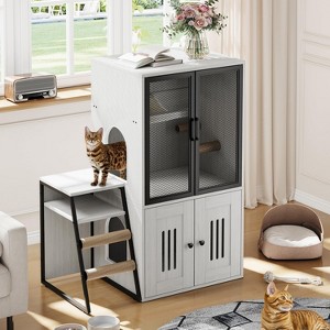 TROPOW Cat Litter Box Enclosure, Double Cat House - for 3 Cats with Storage, Hammock, Metal Mesh Door, Multifunctional Furniture - 1 of 4