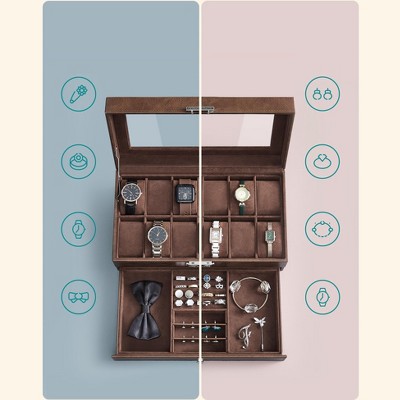 Brown Leather 12-Slot Watch Box with Glass Lid and Drawer
