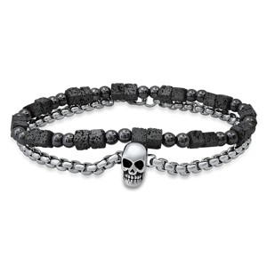 Steeltime Men's 2pc set hematite/lava beaded bracelet and stainless steel round link and skull charm bracelet - 1 of 4