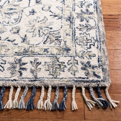 Handmade Ivory and Blue Wool Cotton Tufted Runner Rug