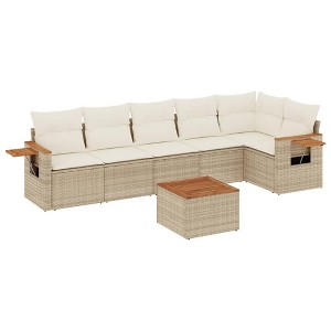 vidaXL 7 Piece Patio Sofa Set with Cushions Beige Poly Rattan - Beige and Cream With Table - 1 of 4