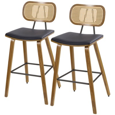 Bekrvio 26" Mid Century Modern Counter Height Bar Stools - Rattan Cane Back, Wood, PU Leather Upholstered for Kitchen Island Dining