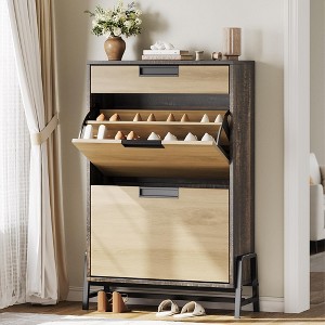 Shoe Storage Cabinet with 2 Flip Drawers, Freestanding Shoe Organizer with Metal Legs, Narrow Shoe Rack Cabinet for Entryway,  Living Room, White - 1 of 4