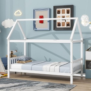 Sapphtopaz House Bed Frame for Kid Platform Bed with Wood Fence Frame for Kids Bedroom, Playroom, Nursery - 1 of 4